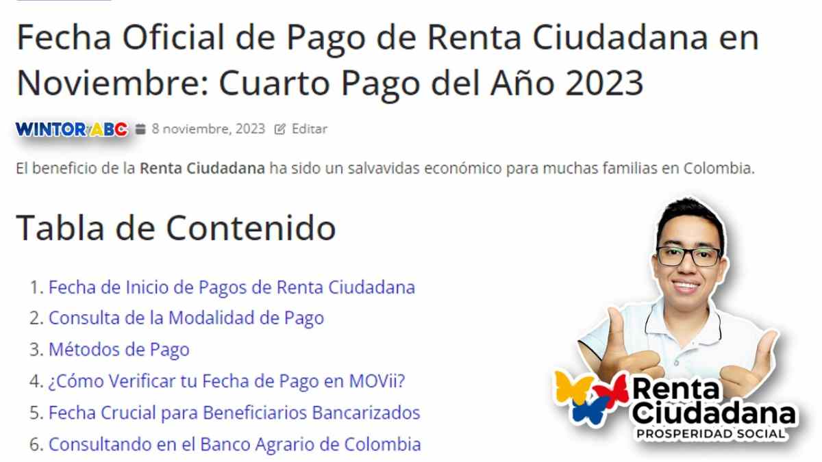 Wintor ABC: Fecha Oficial de Pago de Renta Ciudadana en Noviembre Cuarto Pago del Año 2023