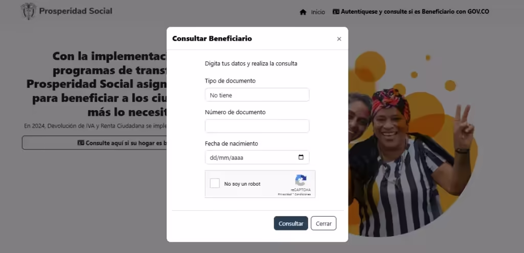 Pantallazo de la plataforma unificada de consulta de la Devolucion del IVA actualizada por Prosperidad Social