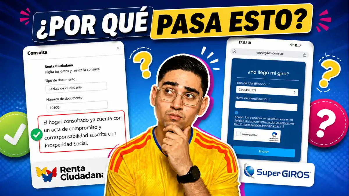 Miniatura informativa sobre Renta Ciudadana no aparece en SuperGIROS, mostrando consulta aprobada en Renta Ciudadana y sin giro disponible, con expresión de duda.